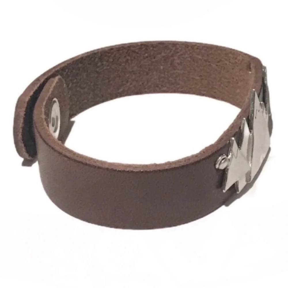 Handmade silver pewter mountain range brown 100%‎ leather cuff bracelet